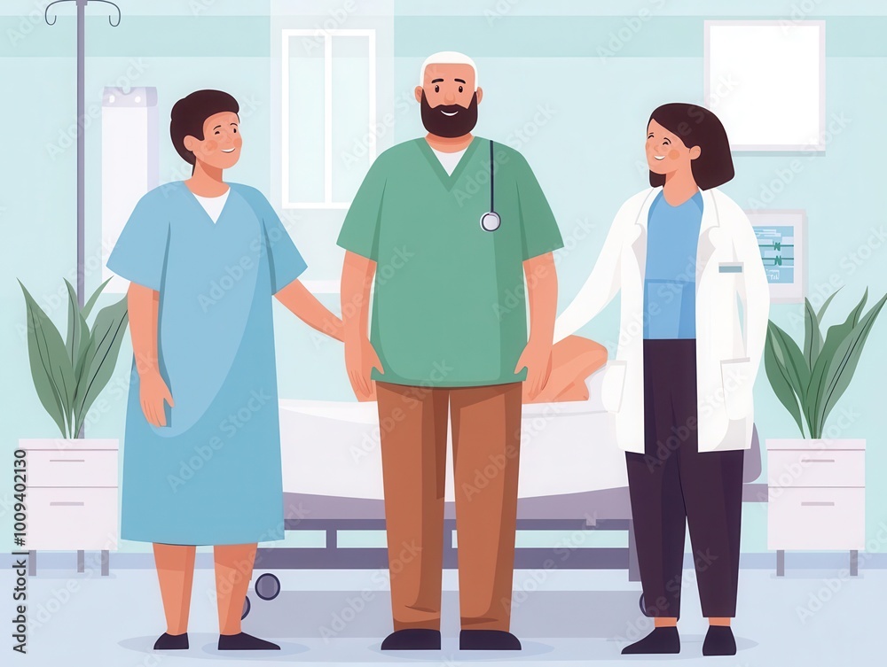 Fototapeta premium Family members visiting a prostate cancer patient at the hospital, smiling and supportive, Prostate cancer family support, Caring relationships during treatment