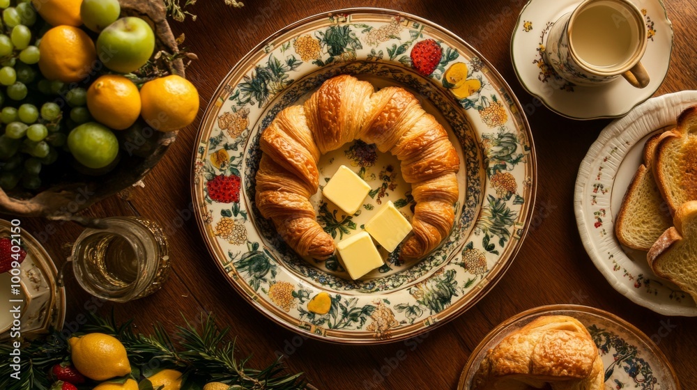 Fresh Croissant with Butter on Floral Plate Fresh Croissant with Butter on Floral Plate