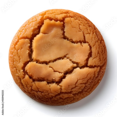 A classic round ginger biscuit with a golden-brown, cracked surface, isolated on a white background, perfect for showcasing traditional, spicy-sweet baked goods.