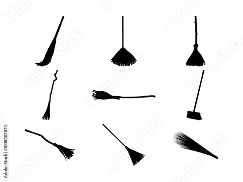 Set of Broom Silhouette in various poses isolated on white background