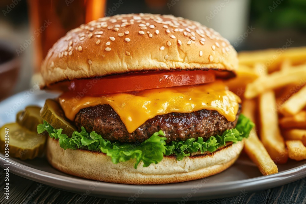 A delicious cheeseburger with lettuce, tomato, pickles, and fries on a plate. A delicious cheeseburger with lettuce, tomato, pickles, and fries on a plate.