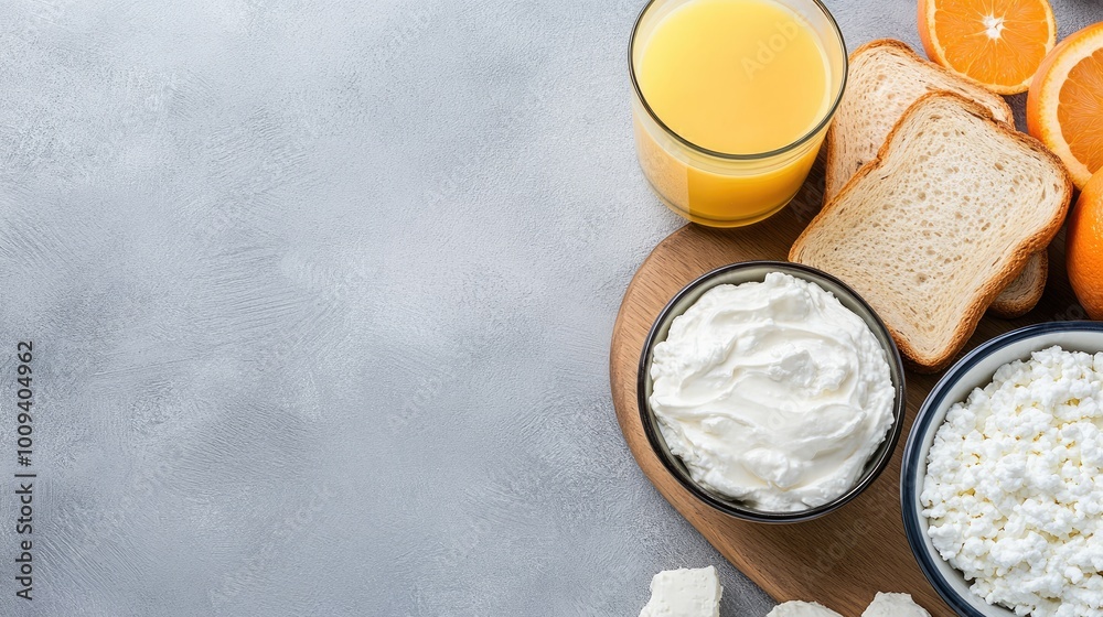 Toasted slices with cream cheese lie on a wooden board, accompanied by refreshing orange juice and a bowl of cottage cheese for a delightful breakfast Toasted slices with cream cheese lie on a wooden board, accompanied by refreshing orange juice and a bowl of cottage cheese for a delightful breakfast