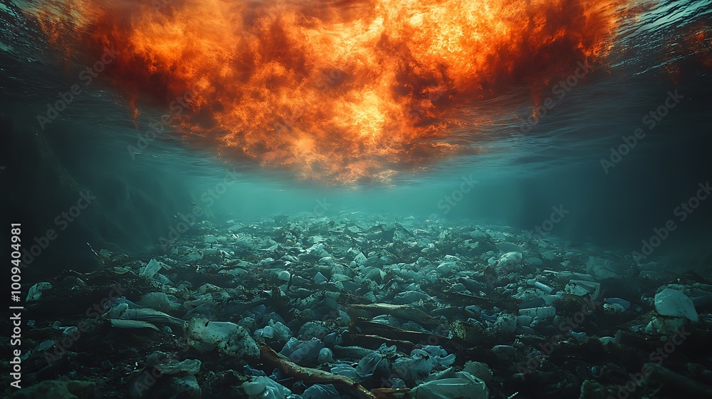 Fototapeta premium A fiery sunset shines through the murky water, illuminating plastic pollution on the ocean floor.