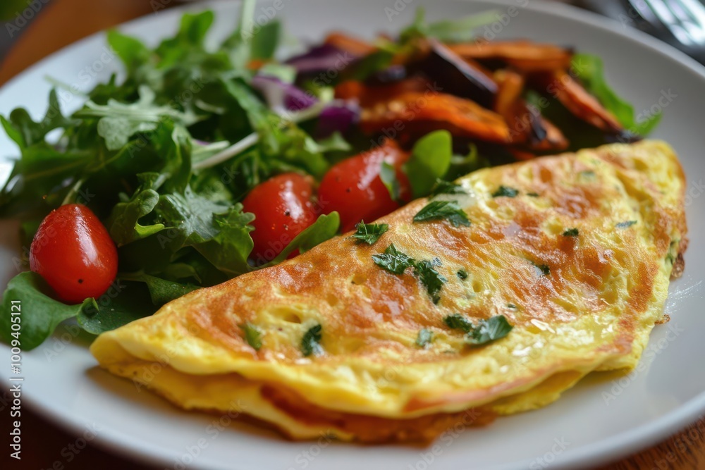 A delicious omelette served with a fresh salad and roasted vegetables on a white plate. A delicious omelette served with a fresh salad and roasted vegetables on a white plate.
