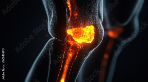 Rear view of a 3D model showing the back of the knee (popliteal area) glowing orange, representing pain from a Baker's cyst or hamstring strain. photo