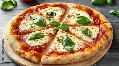 A delicious pizza with mozzarella cheese, tomato sauce, and fresh basil leaves.