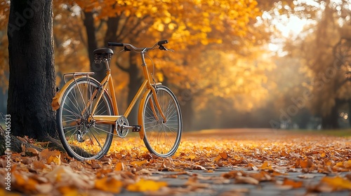 A yellow bicycle parked under a tree on a path covered with fallen leaves.