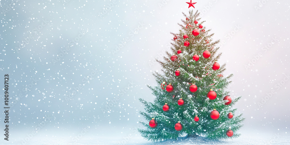 A vibrant red-and-green Christmas tree adorned with sparkling ornaments, standing tall against a snowy white background. A vibrant red-and-green Christmas tree adorned with sparkling ornaments, standing tall against a snowy white background.