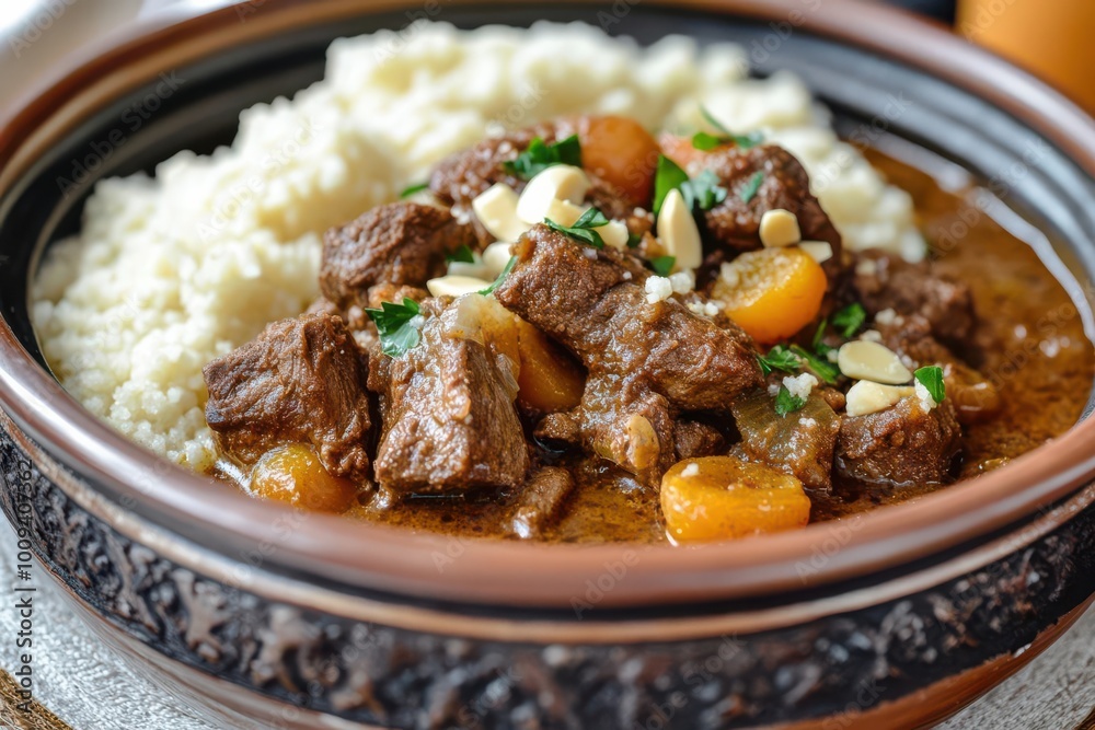 A delicious serving of beef stew with couscous, garnished with herbs and nuts. A delicious serving of beef stew with couscous, garnished with herbs and nuts.