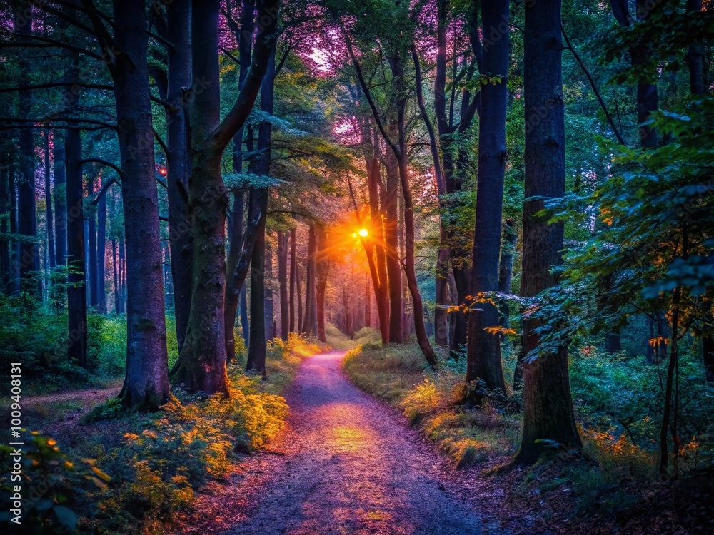 Mysterious Dark Path Surrounded by Dense Trees in an Enigmatic Forest at Dusk or Early Evening Mysterious Dark Path Surrounded by Dense Trees in an Enigmatic Forest at Dusk or Early Evening
