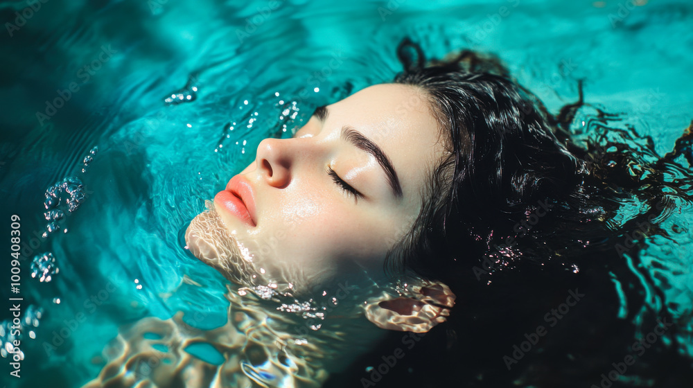 Young woman relaxing while floating in a serene pool under sunlight during a bright summer day Young woman relaxing while floating in a serene pool under sunlight during a bright summer day