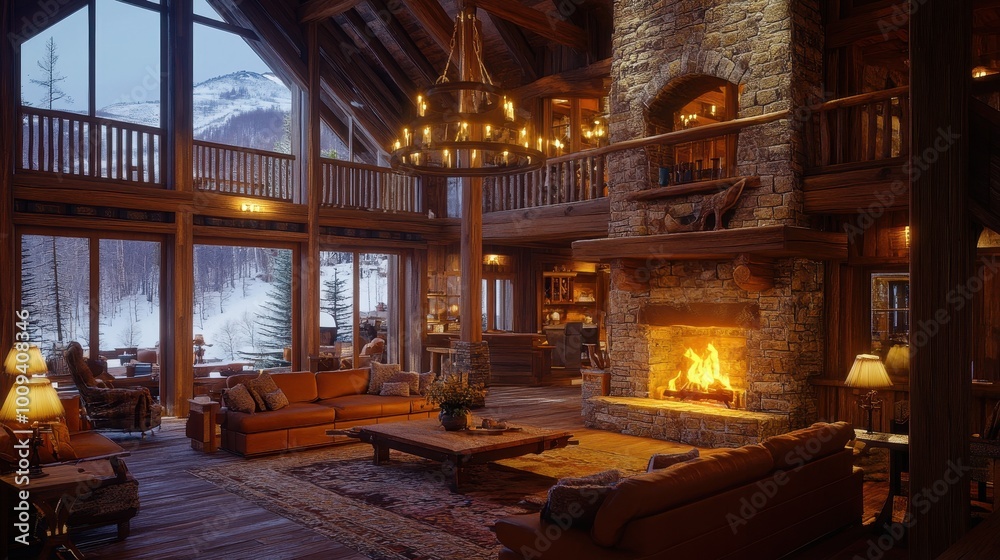 Fototapeta premium Cozy Log Cabin Getaway in the Mountains with Fireplace