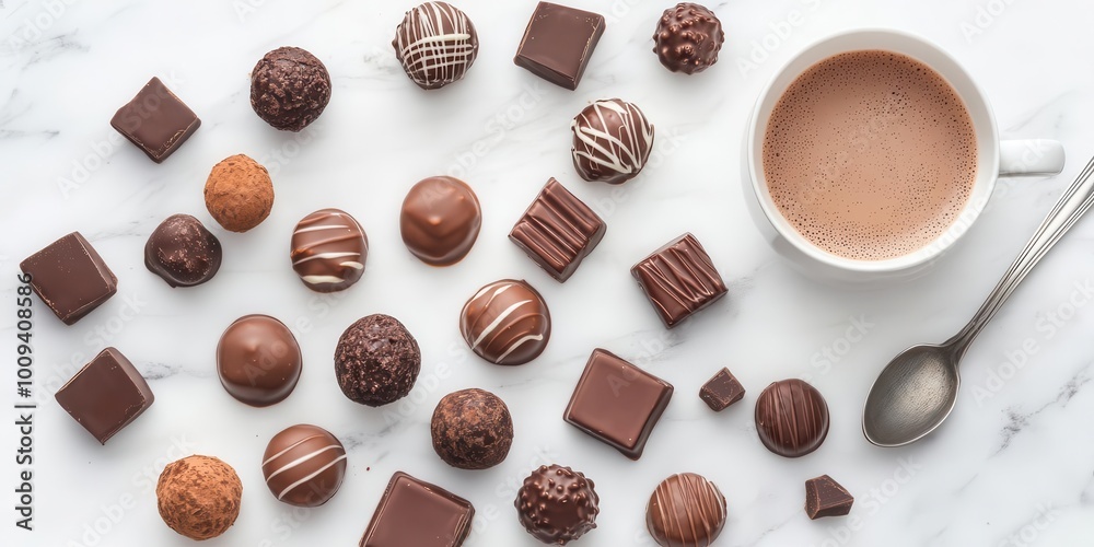 A delightful assortment of chocolates and a cup of hot cocoa on a marble surface. A delightful assortment of chocolates and a cup of hot cocoa on a marble surface.