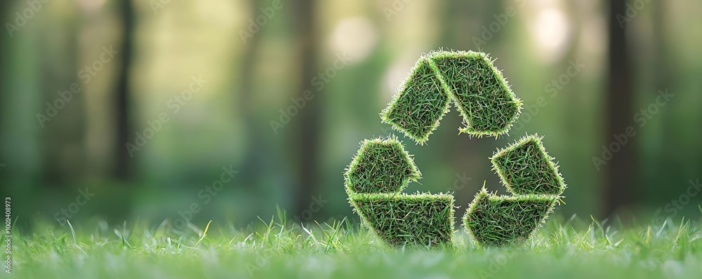 Green grass recycling icon in a mystical forest, symbolizing ecological ...