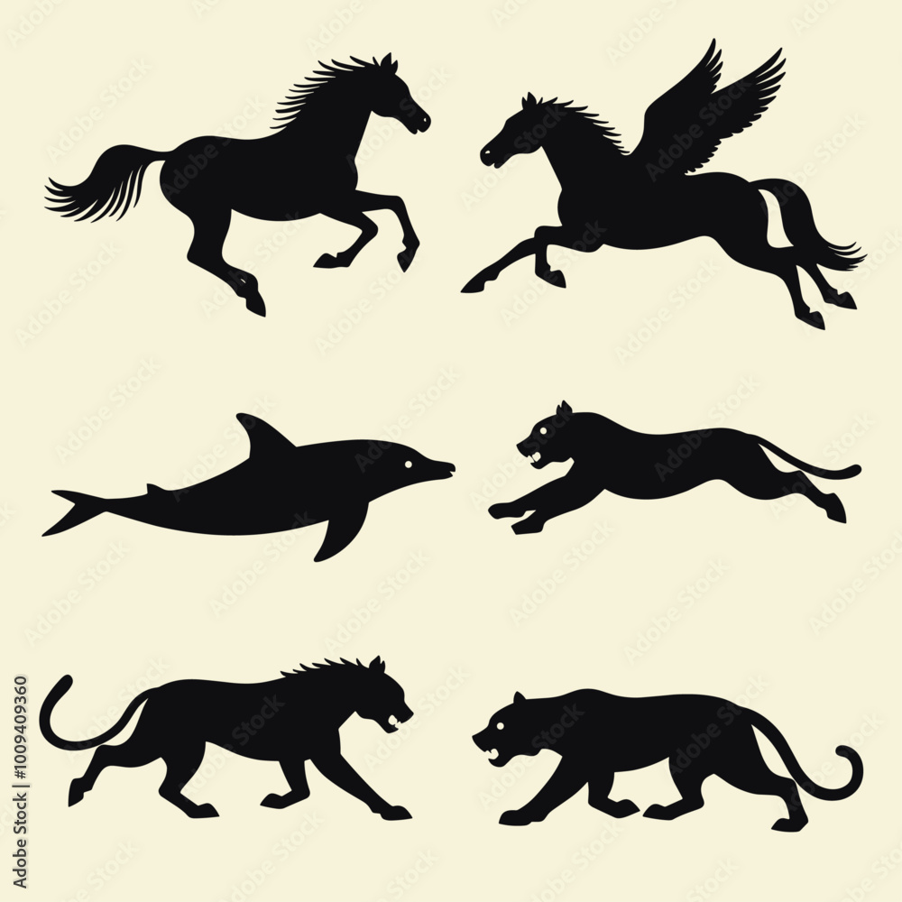 Silhouettes of majestic animals including horses, a dolphin, and big cats in dynamic poses on a neutral background. Silhouettes of majestic animals including horses, a dolphin, and big cats in dynamic poses on a neutral background.