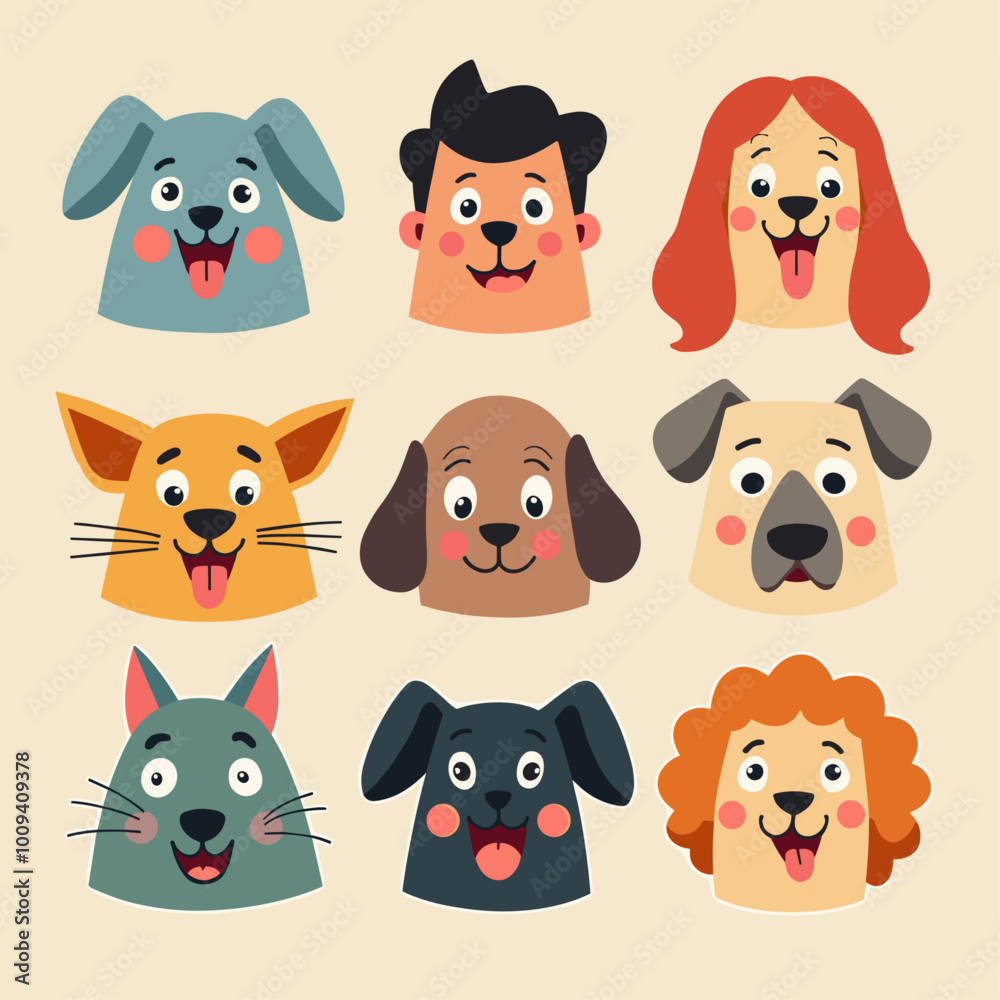 Obraz premium Collection of cute cartoon animal and human faces with playful expressions on a beige background.