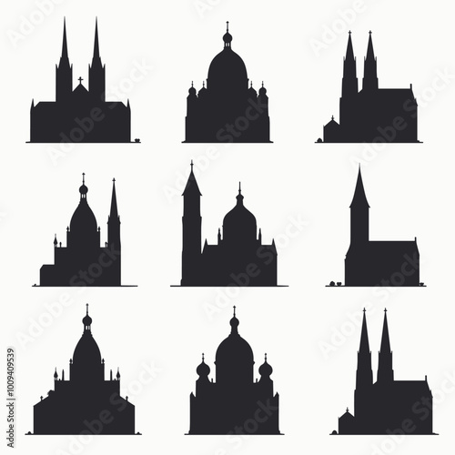 Silhouettes of various Gothic and Baroque church structures against a white background.