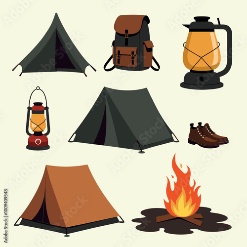 Camping essentials illustration featuring tents, boots, backpacks, lanterns, and a campfire against a light background.