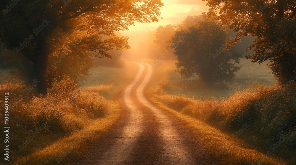 A winding dirt road through a misty forest at sunrise, with golden light filtering through the trees. A winding dirt road through a misty forest at sunrise, with golden light filtering through the trees.