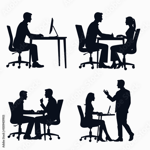 Silhouettes of diverse professional interactions at an office setting, showcasing collaboration and communication.