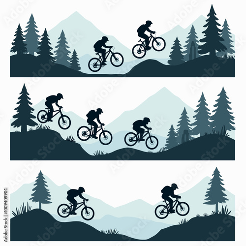 Silhouetted cyclists performing daring jumps and stunts on mountain bikes against a scenic mountain backdrop, emphasizing adventure and outdoor excitement.