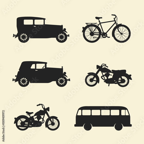 Silhouette illustration of vintage vehicles including cars, bicycles, motorcycles, and a bus on a beige background.