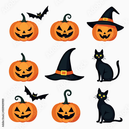 A vibrant Halloween-themed illustration featuring pumpkins, black cats, bats, and witch hats on a white background.
