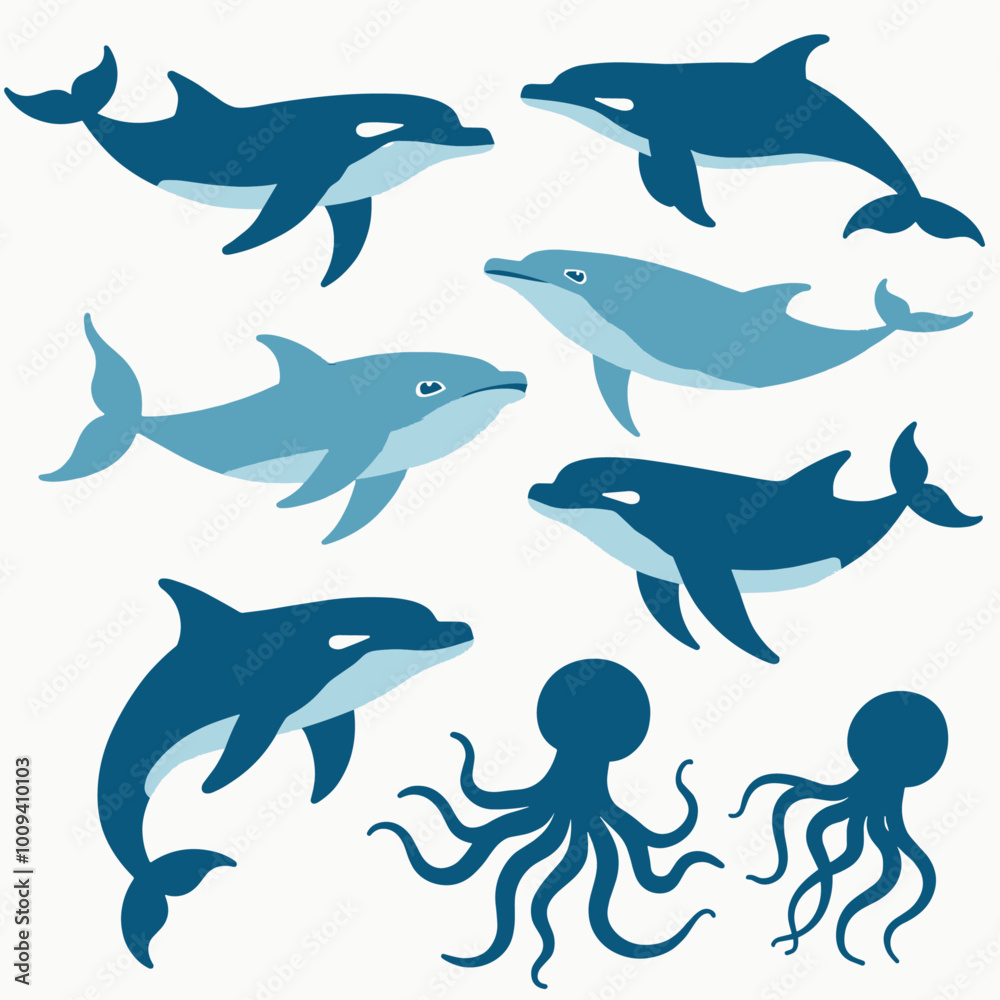 Illustration of dolphins and octopuses in a playful marine-themed design, featuring various shades of blue.