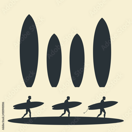 Silhouettes of surfers carrying surfboards with surfboard shapes above, depicting an active beach lifestyle.