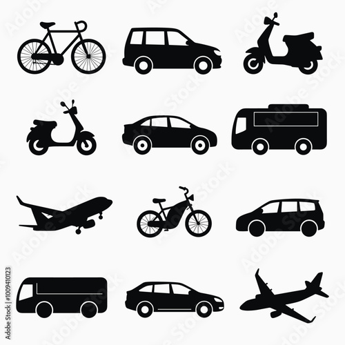 Silhouette collection of various transportation modes, including bicycles, cars, scooters, buses, and airplanes, displayed on a white background.