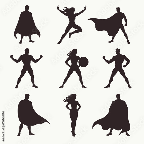 Silhouettes of diverse superheroes in dynamic poses, showcasing strength and heroism in an abstract style.