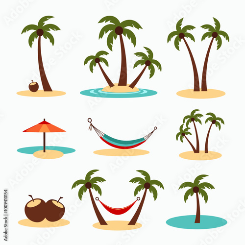 Tropical island illustrations featuring palm trees, hammocks, umbrellas, and coconuts on sandy beaches.