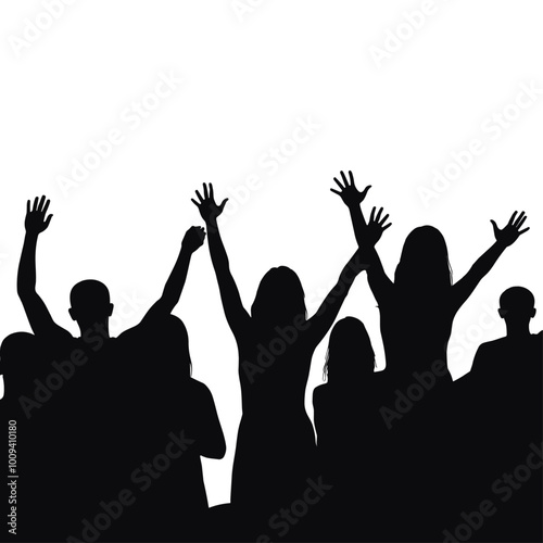 Silhouette of a diverse crowd of people raising their hands in celebration against a white background.