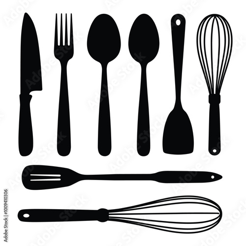 Silhouettes of kitchen utensils including knives, forks, spoons, spatulas, and whisks on a white background, showcasing essential cooking tools in black silhouettes.