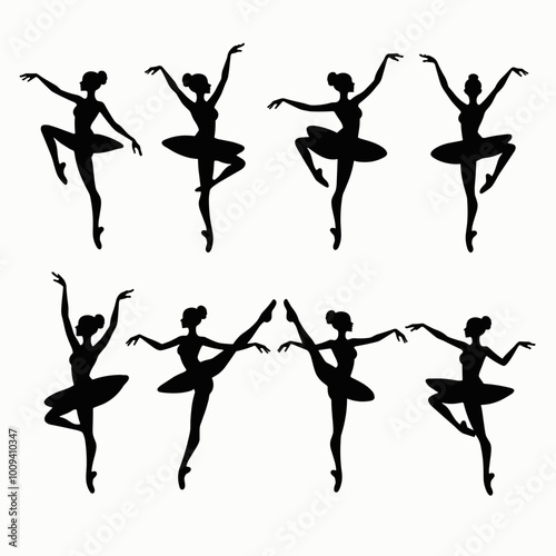 Silhouettes of female ballet dancers in elegant poses showcasing grace and poise on a white background.