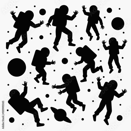 Silhouettes of astronauts floating in space, surrounded by planets and stars, on a white background.