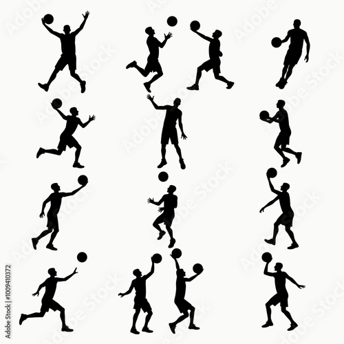 Wallpaper Mural Silhouettes of diverse athletes in dynamic basketball poses, showcasing agility and skill. Torontodigital.ca