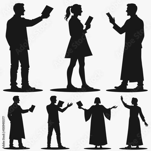 Silhouettes of diverse individuals holding books, engaging in discussion and presentation.