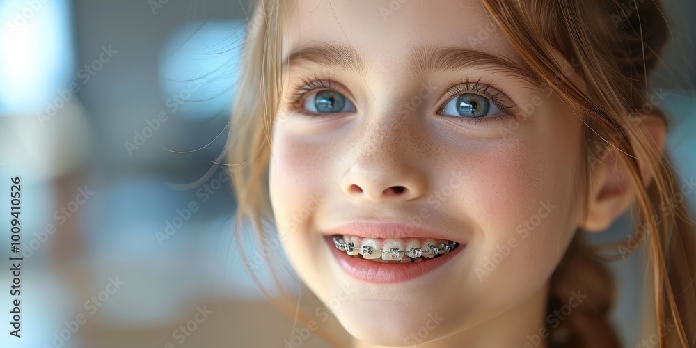 Girl smiling in iron braces close-up Girl smiling in iron braces close-up