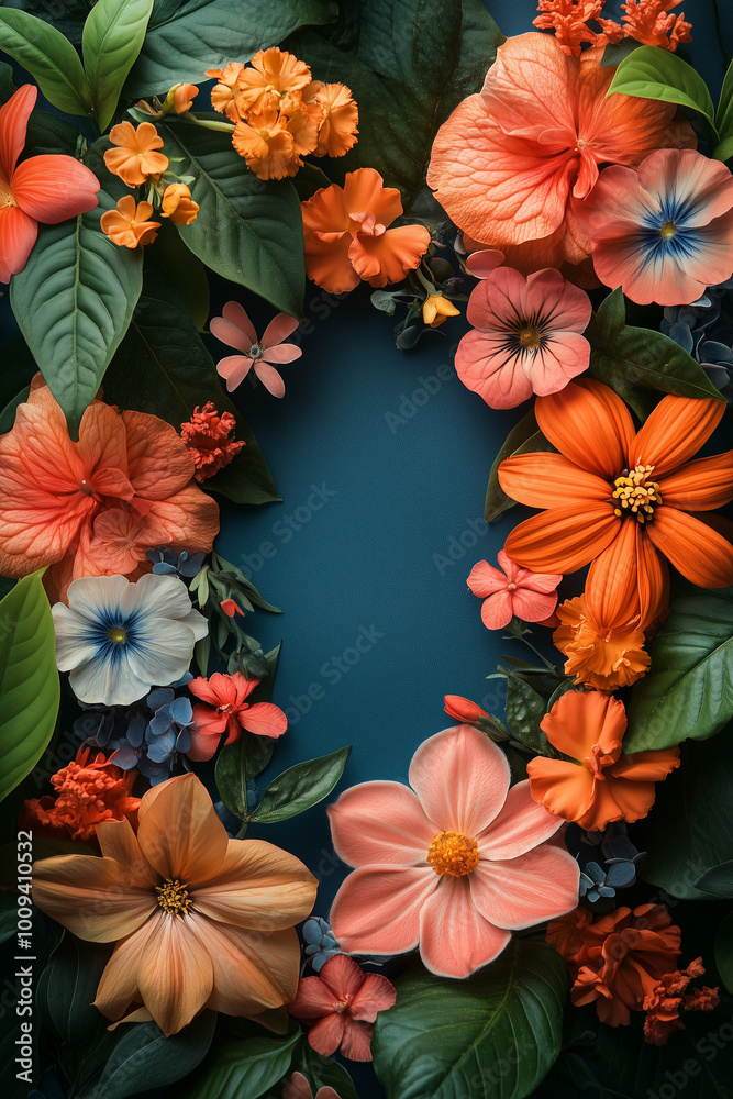Fototapeta premium Hello springtime flower border frame in the middle beautiful floral background, red and yellow flower frame