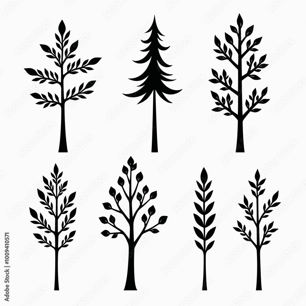 Obraz premium A collection of six stylized tree silhouettes against a white background, showcasing diverse shapes and leaf patterns.