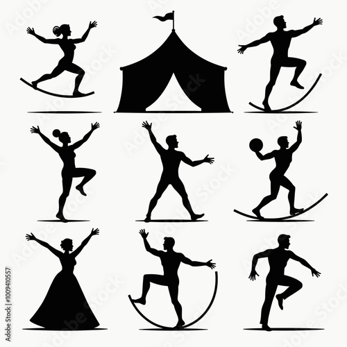 Silhouettes of diverse circus performers in various dynamic poses against a tent backdrop.