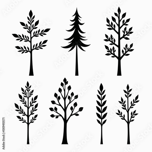 A collection of six stylized tree silhouettes against a white background, showcasing diverse shapes and leaf patterns.