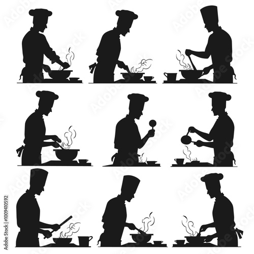 Silhouette of a male chef in various cooking poses, emphasizing culinary skills and creativity.