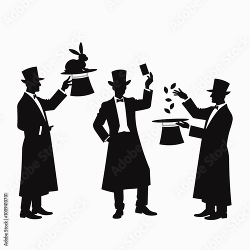 Silhouettes of three male magicians performing tricks with hats, rabbits, and cards.