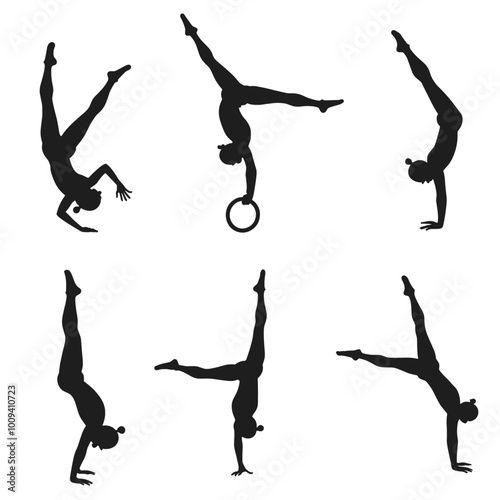 Silhouette of female gymnasts performing handstands with various techniques, showcasing elegance and strength on a white background.