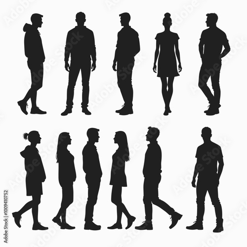Silhouettes of diverse people standing in various poses against a white background, showcasing different fashion styles and stances.