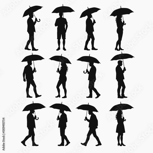 Silhouettes of diverse individuals holding umbrellas in various poses, depicting a blend of fashion and function with a monochrome aesthetic.