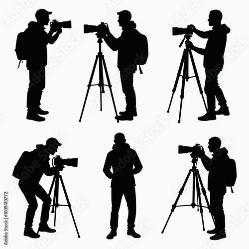 Silhouettes of photographers with cameras and tripods, capturing images in various poses against a white background.