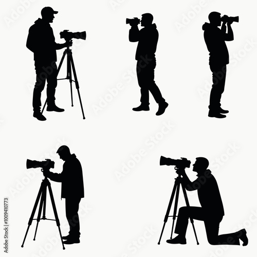 Silhouettes of photographers engaged in photography, using cameras on tripods and handheld, in various poses, showcasing dedication and focus.